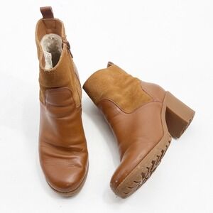 SOLUDOS Dani Shearling Brown Leather Suede Block Heel Ankle Boots Women US 7